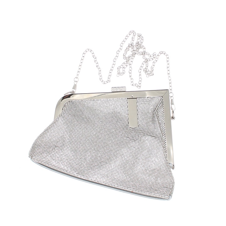Geanta, de dama, din material sintetic, ButicCochet, 23x15x6 cm, cu strasuri, Argintiu - GND845