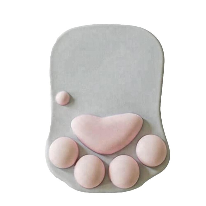 Mousepad cu suport pentru incheietura, design pisica, 19.5x27x2.6cm, gri/roz