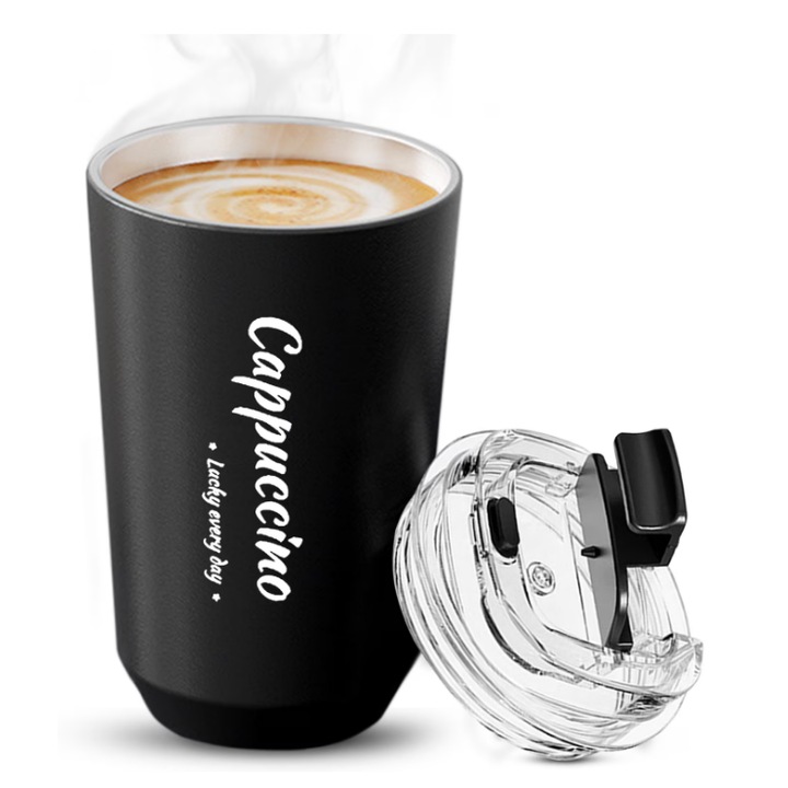 Черна чаша за кафе с капак, херметично уплътнение, преносима чаша за пътуване, чаша за кафе без дръжка за топли и студени напитки, чаша от неръждаема стомана за многократна употреба за кола, за всеки ден, за пътуване и подарък