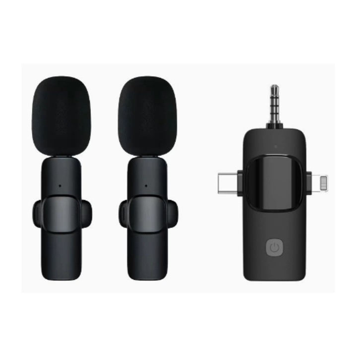 Set 2 Microfon Lavalier Profesional, Microfon fara fir pentru iPhone/telefon Android/Laptop, 2.4 GHz, USB C, Lightning, Microfon Lavalier Plug and Play cu Reducere Automata a Zgomotului pentru Inregistrare Video, Transmisie Live, TikTok, YouTube