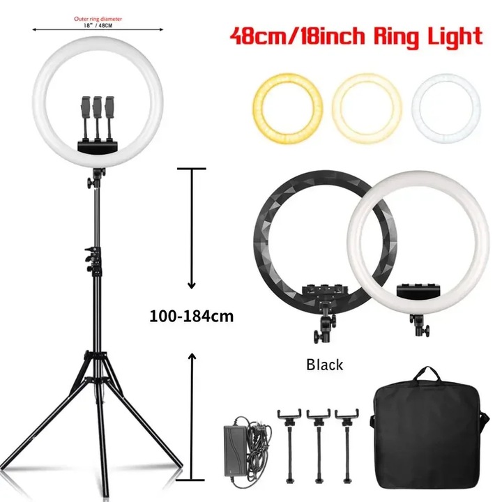 Lampa Ring Light 18 inch, Tripod 100-184cm, Temperatura de culoare 2500k-8500k, Set cu adaptoare pentru telefon