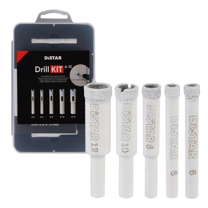 Set de 5 burghie diamantate Distar DrillKIT 6-12, 6x12mm, pentru gresie portelanata, cu racire cu apa