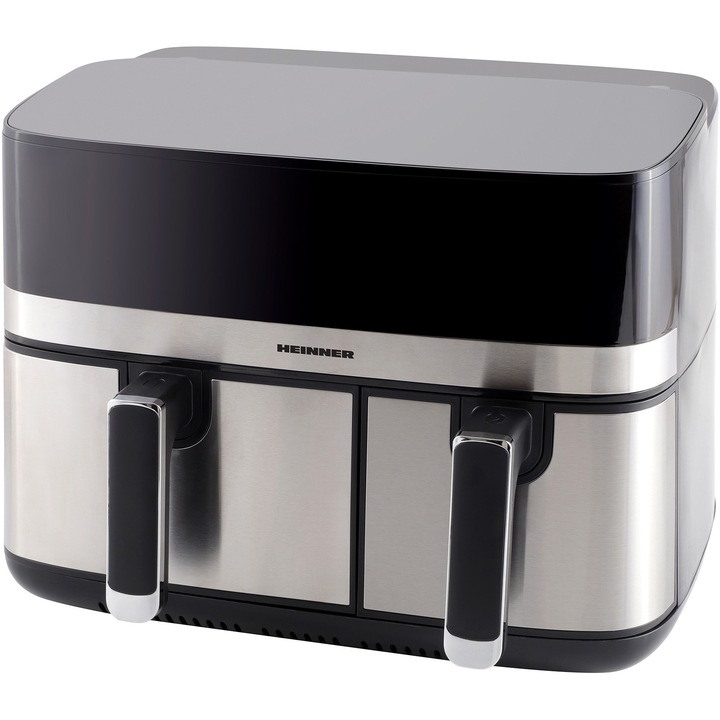 Двоен фритюрник Heinner ProDual Fusion HAF-H9DB17BKS, С горещ въздух, 1700W, Общ капацитет: 8.6л, Цифров дисплей, Сензорно управление, Индивидуално управление, 8 програми, Функции SYNC&MATCH, Сив/Сребрист