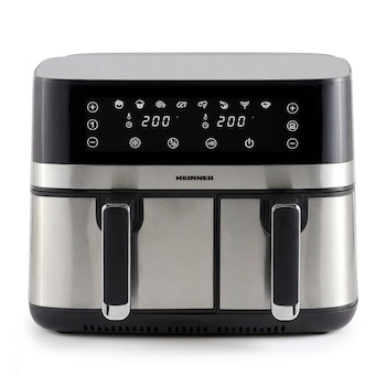 FritFriteuza dubla cu aer cald Heinner ProDual Fusion HAF-H9DB17BKS, 1700W, Capacitate totala 8.6L, Control individual, 8 programe, Functii Sync & Match, Display touch, Auto-oprire, Negru/Inox