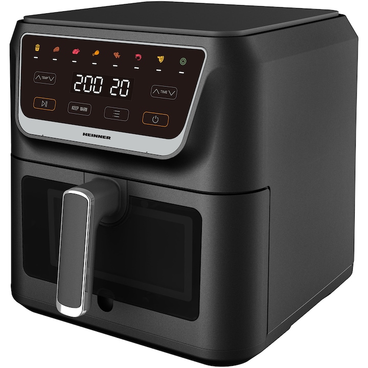 Фритюрник с горещ въздух Heinner CrispPro Chef HAF-H8BK1700, 1700W, Капацитет: 8л, Дигитален дисплей, Сензорно управление, 8 програми, Прозорец за наблюдение, Черен