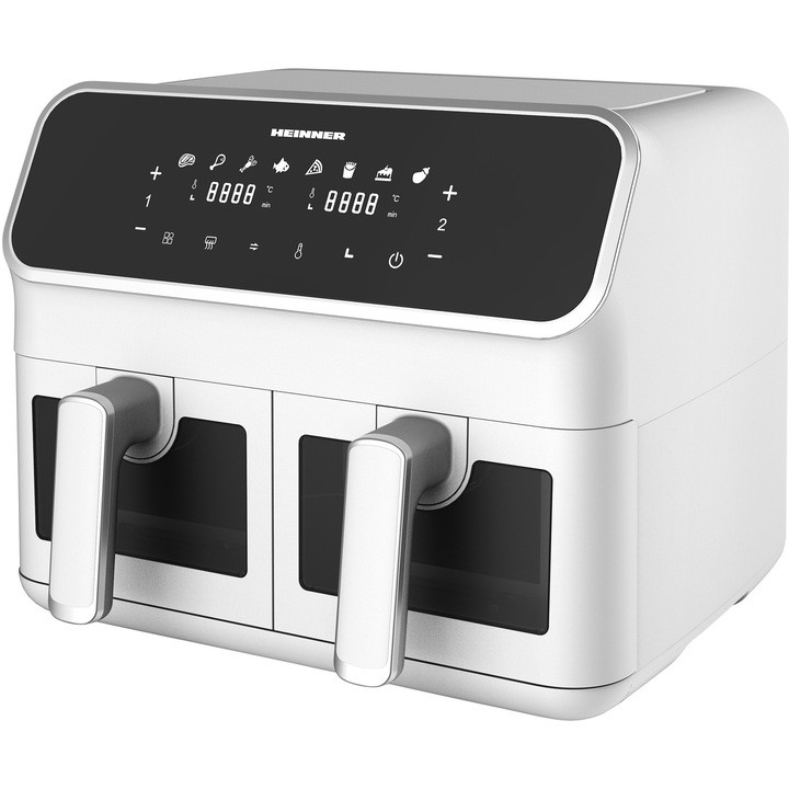 Фритюрник Heinner DualFry Supreme HAF-H8DB17WH, С горещ въздух, 1700W, Общ капацитет: 8л, Цифров дисплей, Сензорно управление, Индивидуално управление, 8 програми, Функции SYNC & MATCH, Прозорци за наблюдение, Бял