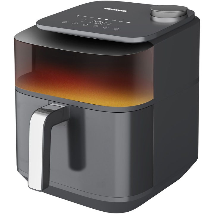 Фритюрник Heinner CrispSteam Elite HAF-H7DLST1800, С горещ въздух, 1800W, Отопление отгоре и отдолу, Капацитет: 6.7л, Цифров дисплей, Сензорно управление, 8 програми, Функция за пръскане на вода, Прозорец за наблюдение, Сив антрацит