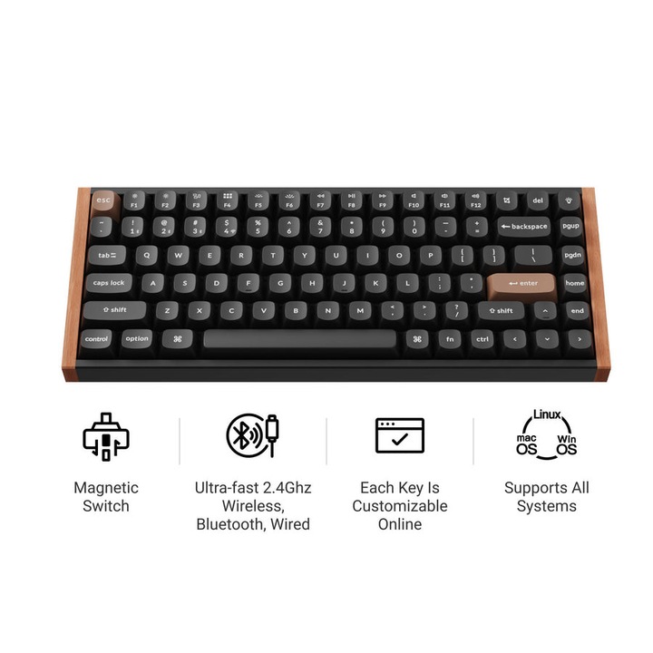 Безжична механична клавиатура Keychron K2 HE, 2.4GHz/Bluetooth, Магнитни превключватели, Алуминий и дърво, Клавиши double-shot PBT, Special edition, Черен