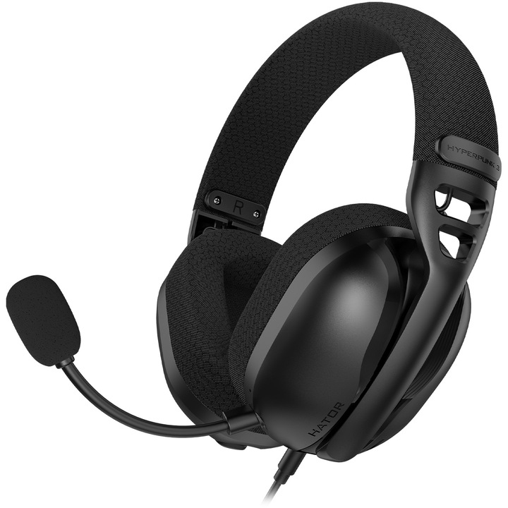 Hator Hyperpunk 3 vezetékes gaming headset, PET membrán anyag, frekvenciamenet 10Hz-44kHz, impedancia 16Ω, érzékenység 115dB, 3,5 mm-es analóg csatlakozás, levehető egyirányú mikrofon, fekete