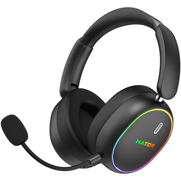 Casti gaming wireless Hator Phoenix 2, material membrana PET, frecventa raspuns 10Hz-44kHz, impendanta 32Ω, putere maxima 30mW, autonomie baterie pana la 45 de ore, acoperire UV, iluminare RGB, microfon detasabil unidirectional, negru