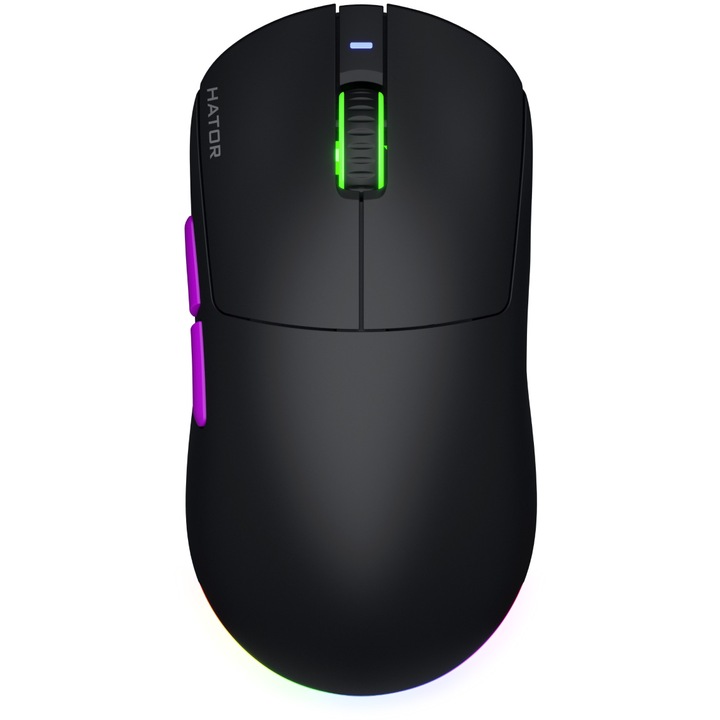 Mouse wireless Hator Quasar 3 ULTRA 8K, 30K DPI, conectivitate 2.4GHz, bluetooth 5.4 si USB, switch HATOR Optical 100M, side switch Huano 5M, negru