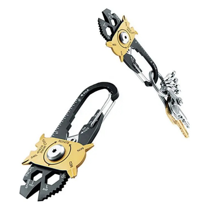 Breloc Chei Multifunctional 20 in 1, Metalic, Rezistent la Coroziune, Cu Carabina, Otel Inoxidabil, 8 x 2.4 cm, Negru/Auriu