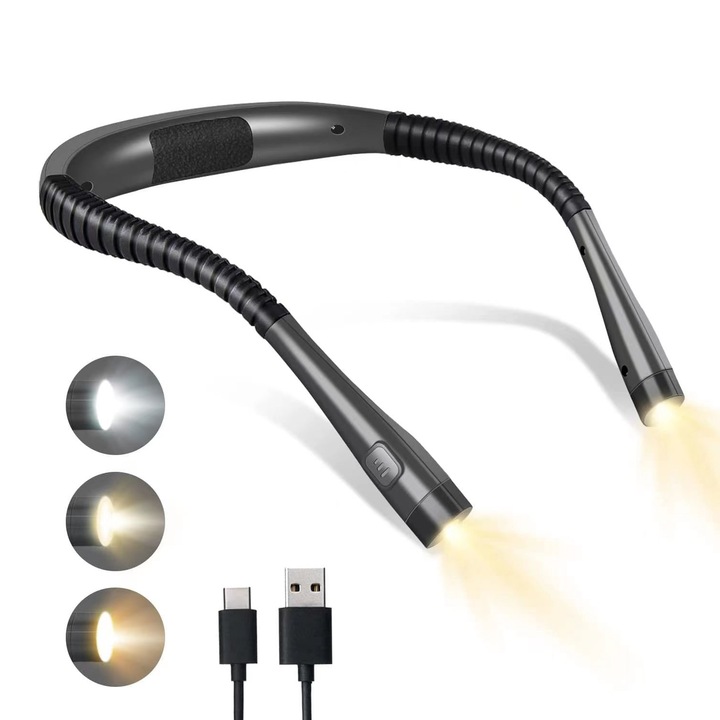 Lumina de citire a gatului, USB, multi-functie, 3 tipuri de lumina LED, 3 niveluri de intensitate, incarcare rapida, pliabila, gri