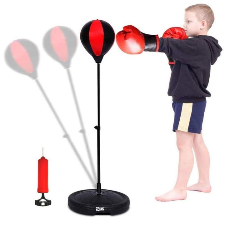 Set Sac De Box SIKS Pentru Copii, Cu Manusi Si Para Box, Inaltime Ajustabila, Picior Metalic, Pompa Inclusa, Suport Cu Apa Sau Nisip, Negru/Rosu