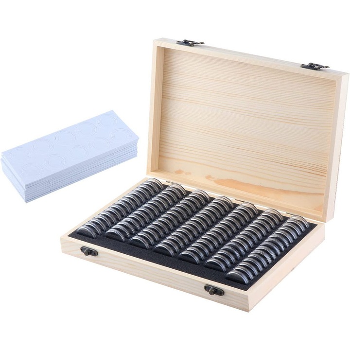 Кутия за съхранение на монети, Дървен държач за монети със 100 кръгли капсули за монети 18/20/23/25/27/30 мм, регулируем, защита от влага и прах