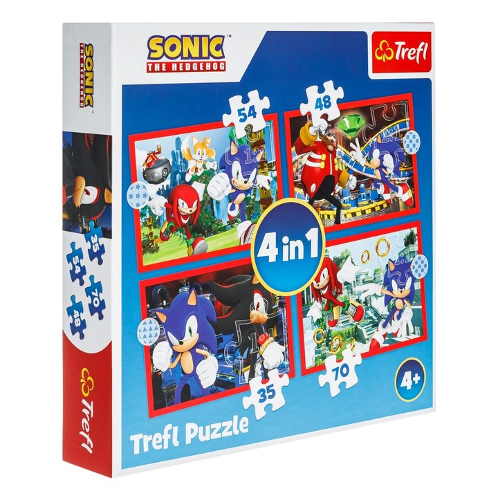 Детски пъзел Sonic The Hedgehog 4 в 1 - Trefl, Класически, 70 части, Хартия, 28.5x6.5x28.5 см, Многоцветен