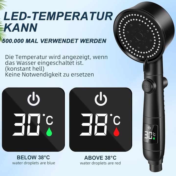 Dus Inteligent cu Afisaj Digital al Temperaturii, Excitat®, Cap de Dus de Inalta Presiune, Jet Puternic, cu Suport si Furtun Incluse, 5 Moduri de Functionare, Spray, Moale, Ploaie, Roua Muntelui, Puls, Negru