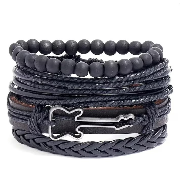 Set 4 bratari cu pandantiv Chitara, 1 elastica si 3 reglabile, tematica fashion style, unisex, negru si maro inchis