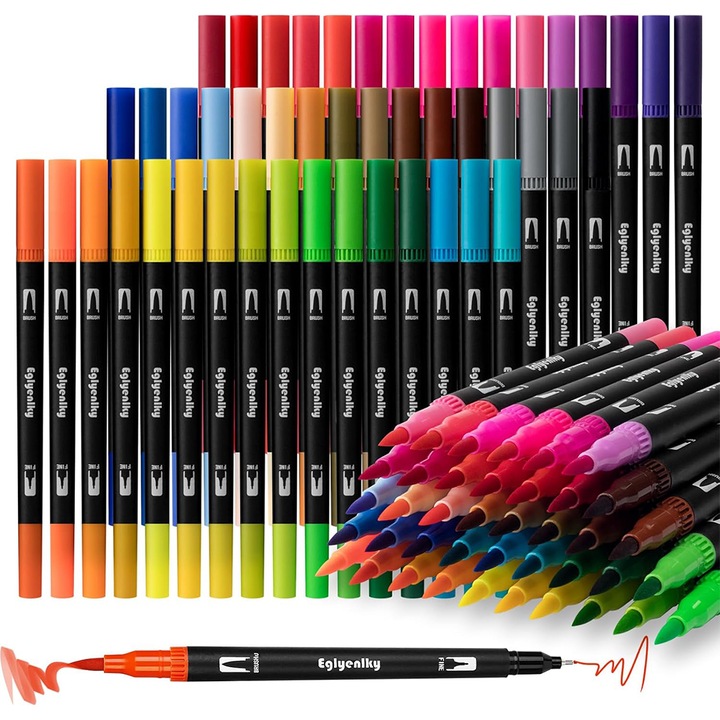 Set 48 Markere duble EINNENFFER, Cu cerneala pe baza de alcool, Multicolore, Permanente, Pe baza de apa, Pachet CD acuarela cap moale, Pentru sticla, ceramica, pietre, lemn, plastic, metal, hartie