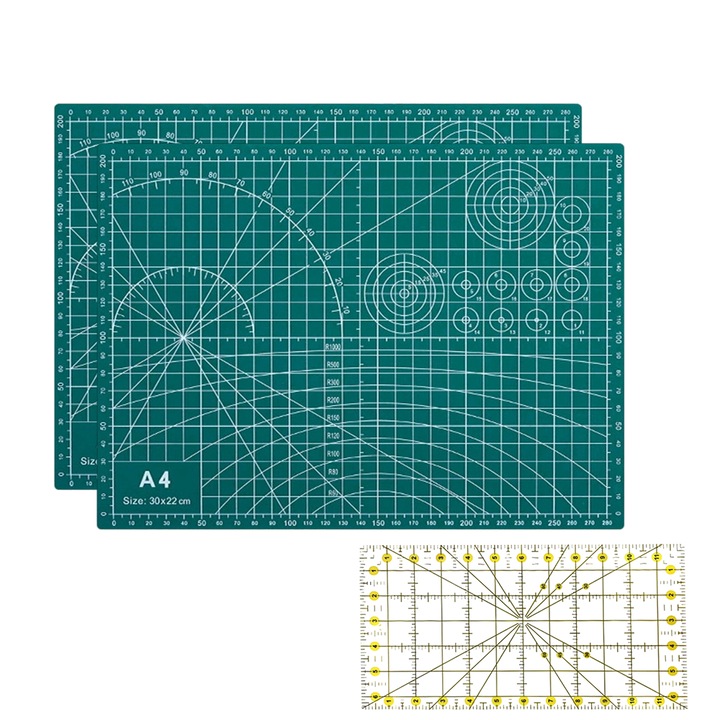 2 db-os EINNENFFER A4-es vágólap készlet, PVC, átlátszó hüvelykes vonalzóval, 30 x 22 cm, zöld, kézműveskedéshez, vágáshoz, készítéshez