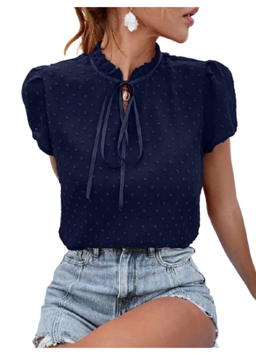 Bluza eleganta office, cu maneca scurta, fundita de inchidere la guler, albastru inchis, marime M