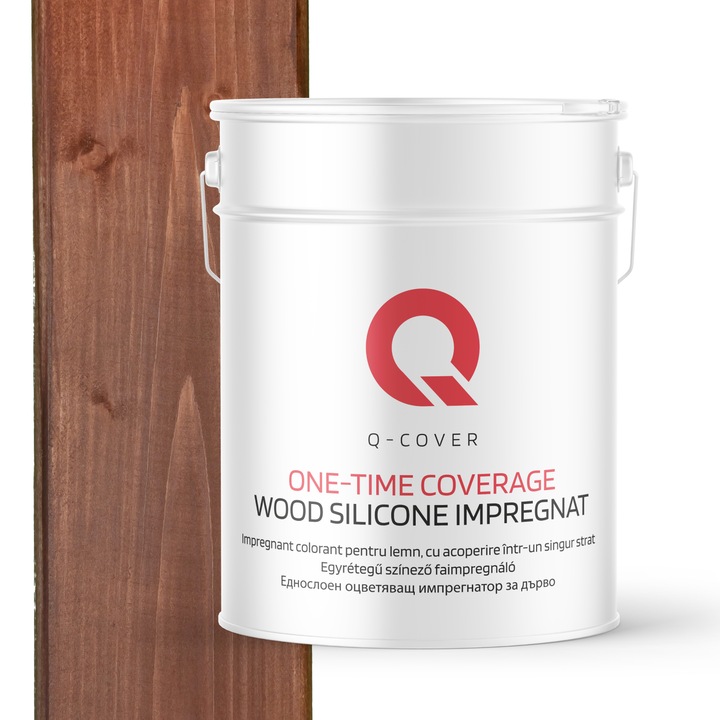 Impregnant colorant pentru lemn, cu vopsire intr-un singur strat, Q-Cover, Nuc inchis D080, pentru exterior, pe baza de apa, prietenos cu mediul, usor de aplicat, foarte eficient, rezistent la murdarie, culori durabile, rezistente la UV, 10L