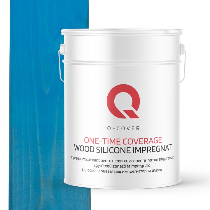 Impregnant colorant pentru lemn, cu vopsire intr-un singur strat, Q-Cover, Bleu D110, pentru exterior, pe baza de apa, prietenos cu mediul, usor de aplicat, foarte eficient, rezistent la murdarie, culori durabile, rezistente la UV, 10L