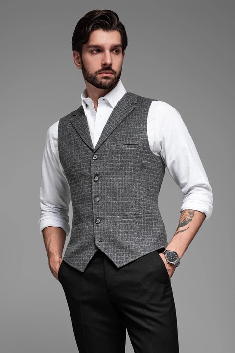 OMBRE, Slim fit gombos mellény, Fekete melanzs, Törtfehér, XL