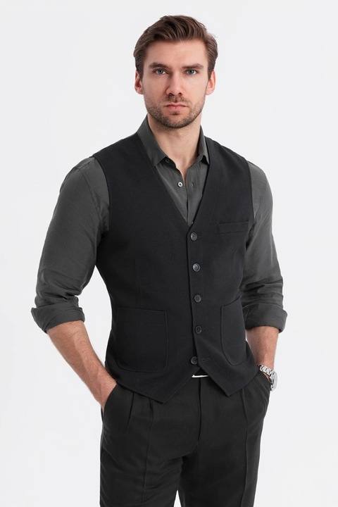 OMBRE, V-nyakú, gombos mellény, Fekete, XL