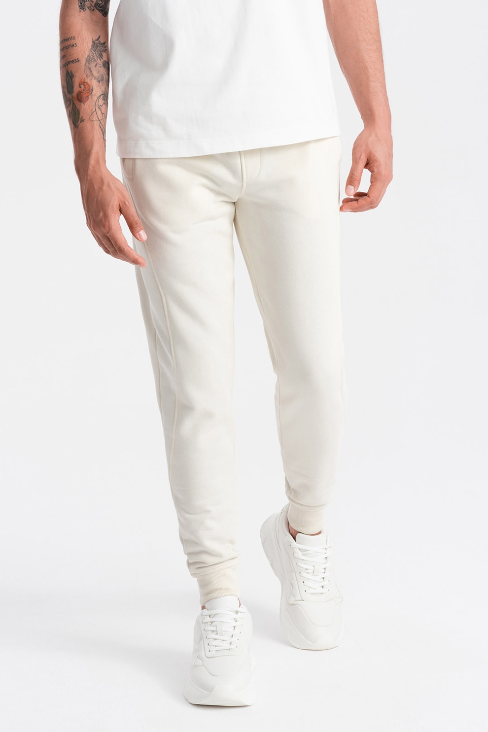 OMBRE, Pantaloni de trening din bumbac cu buzunare laterale, Crem, L
