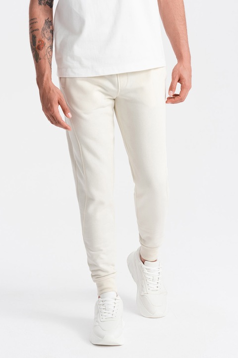 OMBRE, Pantaloni de trening din bumbac cu buzunare laterale, Crem, 2XL