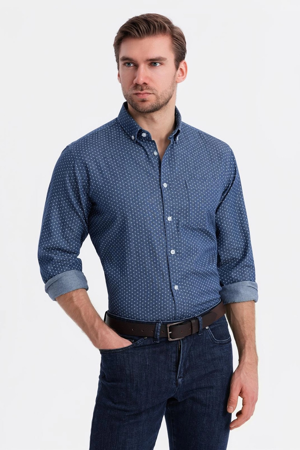 OMBRE, Camasa din material chambray cu imprimeu grafic, Albastru inchis, Alb murdar, S