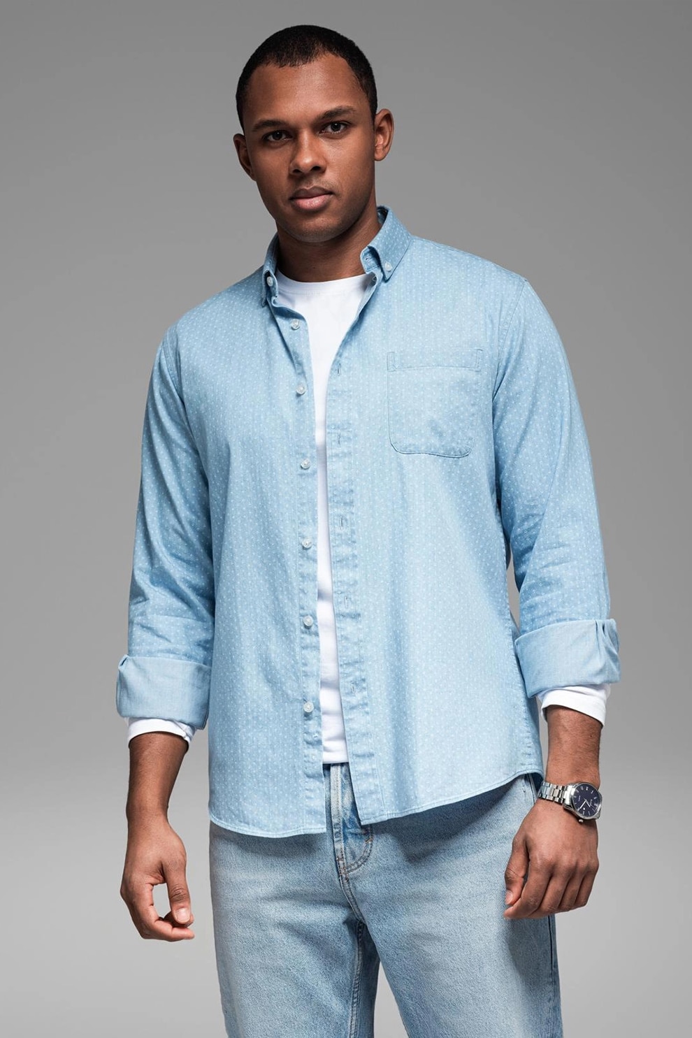 OMBRE, Camasa din material chambray cu imprimeu grafic, Alb, Albastru deschis, 2XL