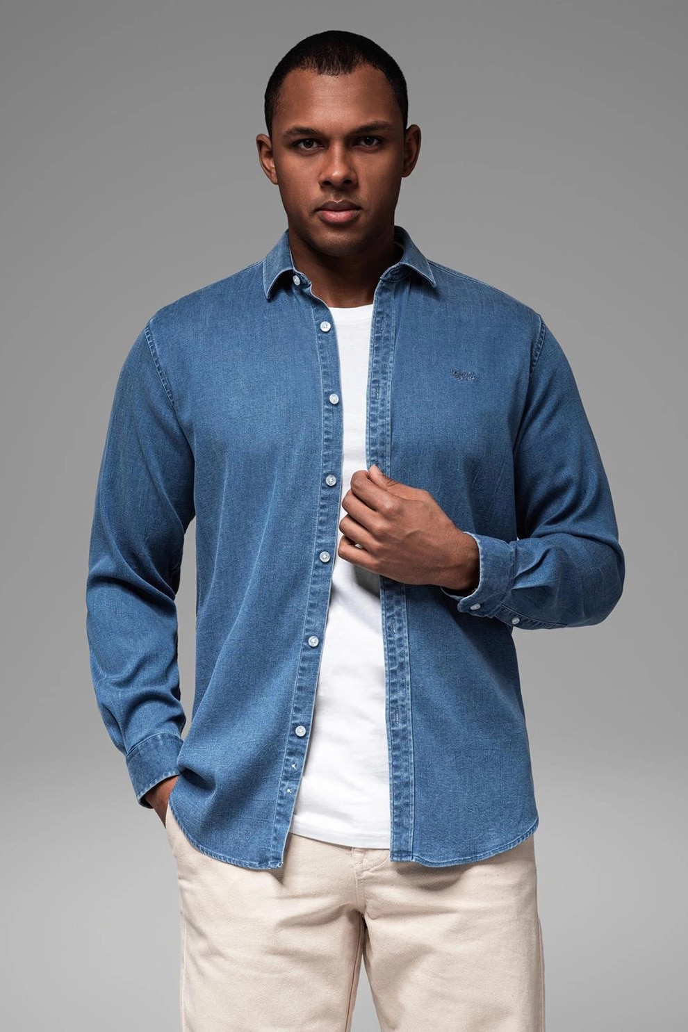 OMBRE, Camasa din material chambray cu maneci lungi, Albastru, S