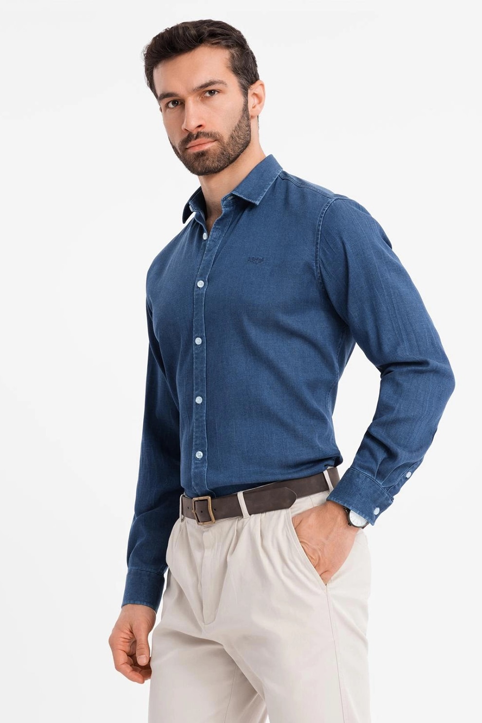 OMBRE, Camasa din material chambray cu maneci lungi, Albastru inchis, S