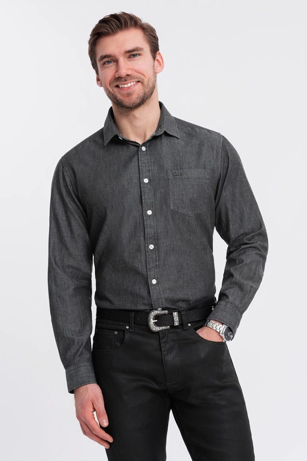 OMBRE, Camasa slim fit din bumbac, Negru stins, S
