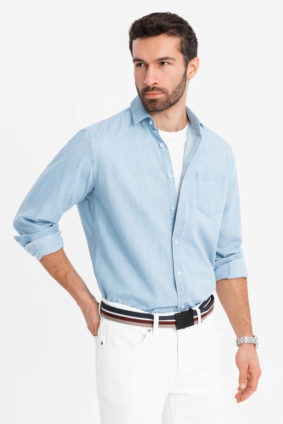 OMBRE, Camasa slim fit din bumbac, Albastru deschis, 2XL