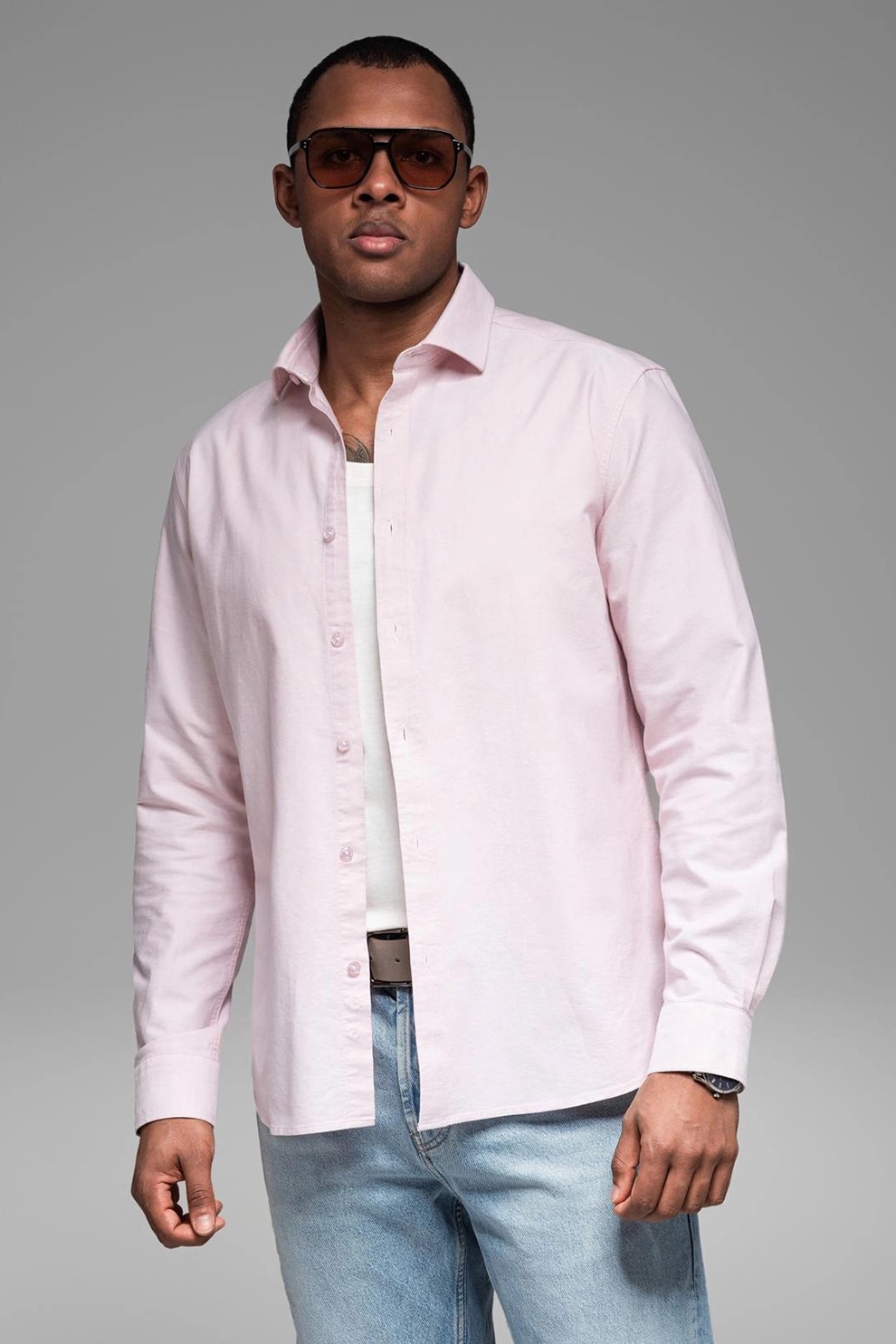 OMBRE, Camasa din bumbac cu model uni, Roz pastel, S