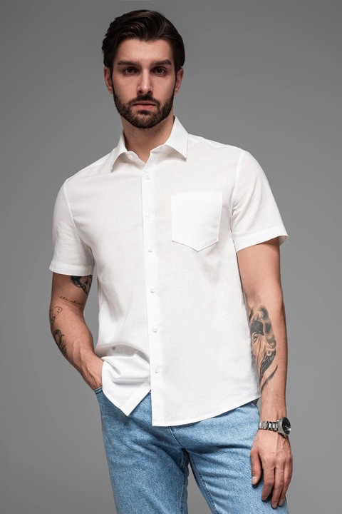 OMBRE, Rövid ujjú pamut és lenvászon ing, Fehér