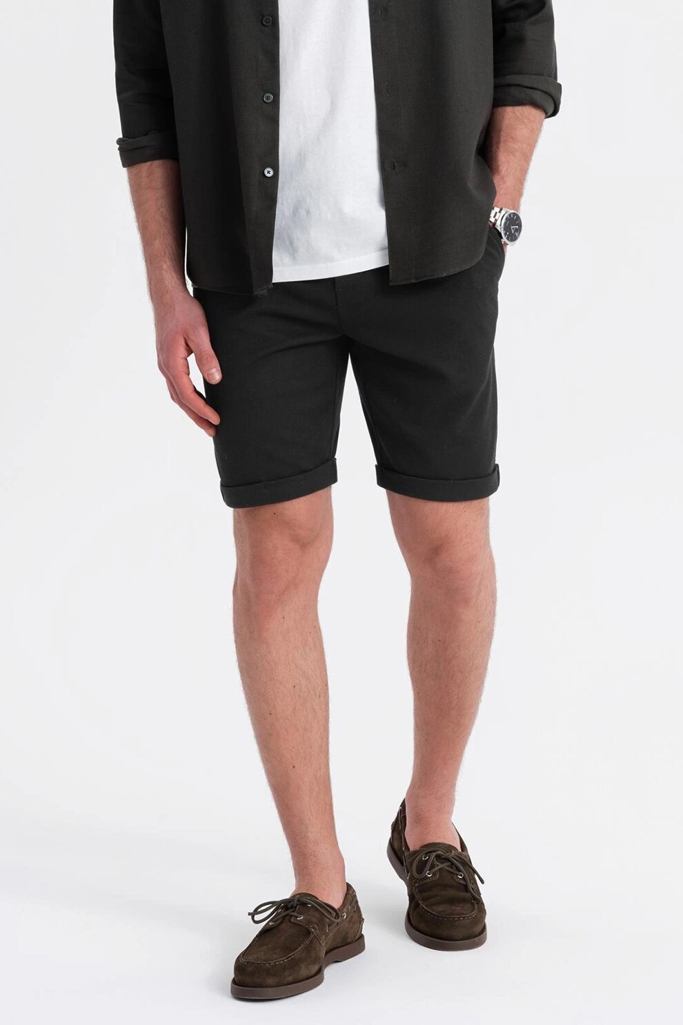 OMBRE, Bermude cu snur de ajustare si terminatii rulate, Negru, 2XL