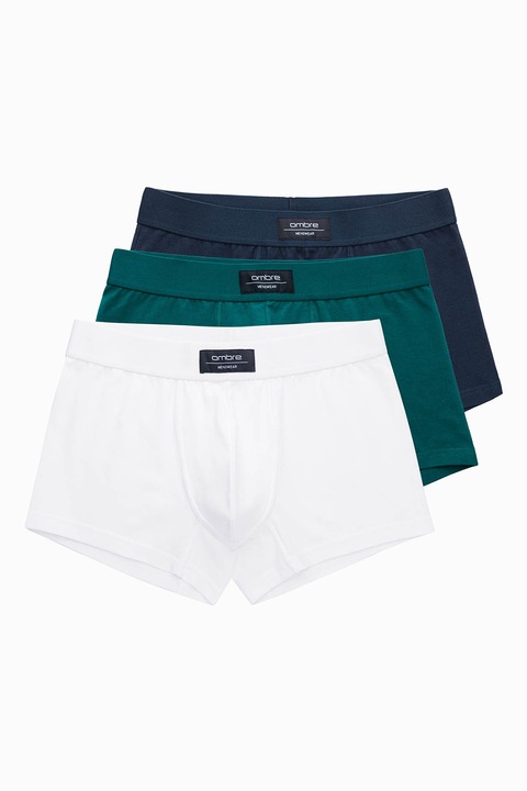OMBRE, Set de boxeri din amestec de bumbac - 3 perechi, Alb/Verde englez/Bleumarin