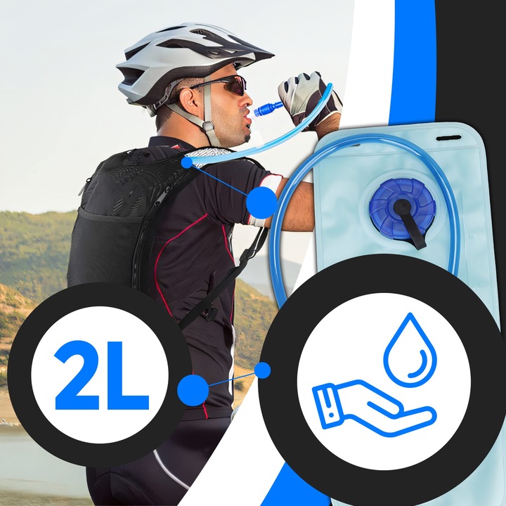 Хидратираща раница RETOO ActiveFit 2L, резервоар за вода със силиконова тръба, лек и дишащ полиестерен материал, 4 отделения, регулируеми презрамки, идеален за колоездене, бягане, туризъм, къмпинг, 45x23x1,5 см, черен