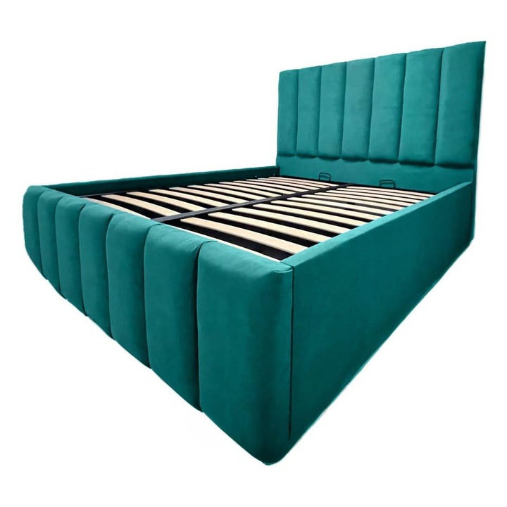 Pat tapitat 160x200 Visco cu somiera rabatabila si spatiu de depozitare verde coral