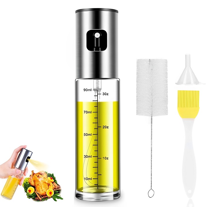 Sticla de Spray, BYONDSELF®, Gradata, Palnie, Perie de Curatare, Perie de Ulei, Recipient Transparent, Otel Inoxidabil, 100 ml