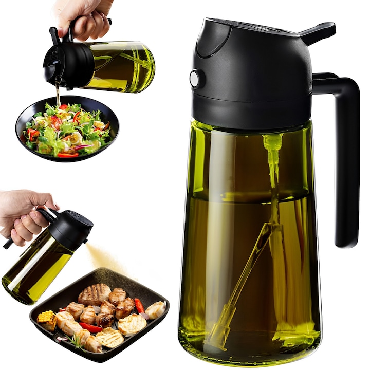 Pulverizator pentru Ulei sau alte lichide 2 in 1, BYONDSELF®, 2 in 1, Multifunctional, Control precis al uleiului, Capacitatea 470 ml, Material Sticla si PVC, Verde