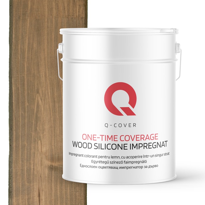Impregnant colorant pentru lemn, cu vopsire intr-un singur strat, Q-Cover, Maro cu tenta de gri 7013, pentru exterior, pe baza de apa, prietenos cu mediul, usor de aplicat, foarte eficient, rezistent la murdarie, culori durabile, rezistente la UV, 10L