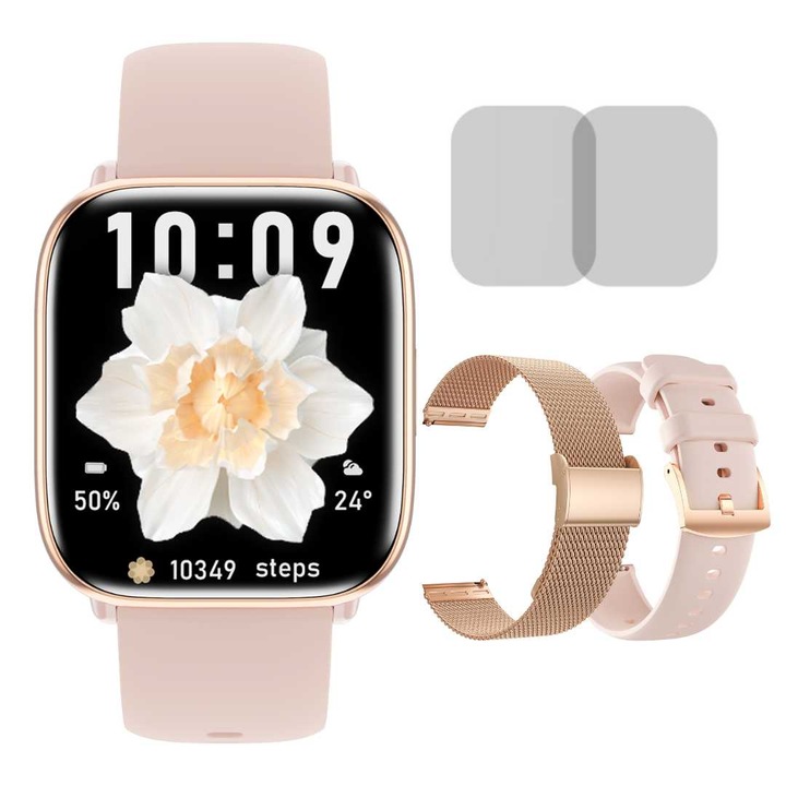 Смарт часовник LUMAUDiO® Quantum, 7 дни живот на батерията, 1,75" AMOLED екран, Bluetooth обаждания, Социални медийни известия, Мониторинг на здравето, Водоустойчив, Ултратънък дизайн, 2 каишки + 2 включени протектора за екрана, Розов