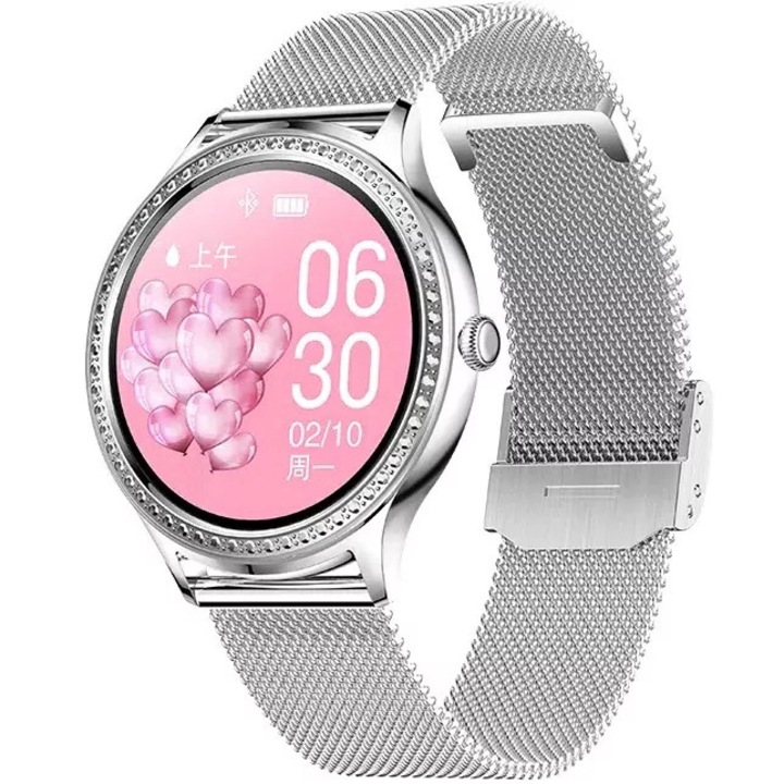 Ceas Smartwatch AK35 dama, elegant, 1.32 inch, HD, full touchscreen, multisports mode, monitorizare ciclu menstrual, Silver