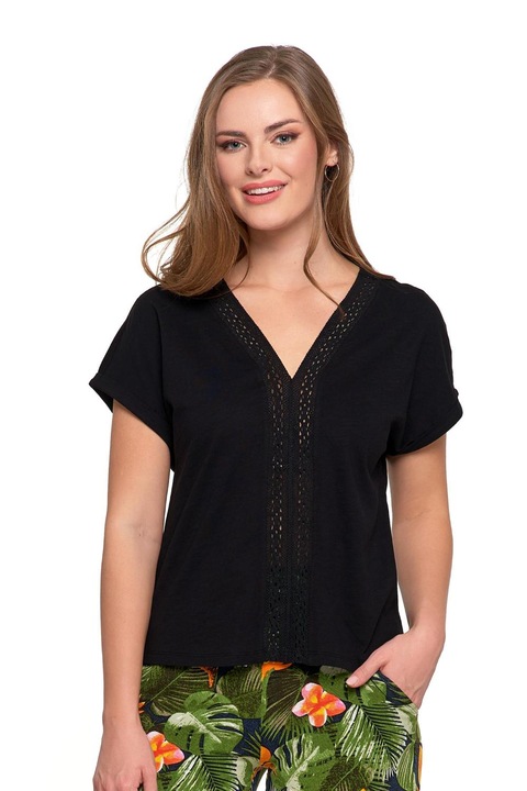 Bluza femei, cu broderie perforata, bumbac, Moraj, negru