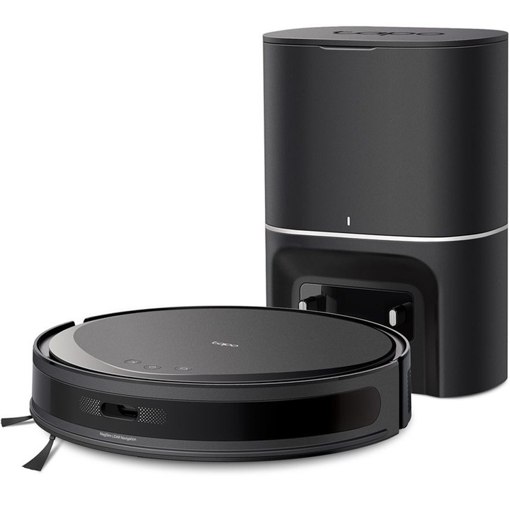 Прахосмукачка робот TP-Link Tapo RV20 Max Plus, система MagSlim LiDAR, 5300Pa, моп, Ultra-Slim 8.3 cm, автономност до 3 часа, 2600 mAh, гласово управление, 300 ml контейнер за вода, автоматично изпразване, 3L капацитет, безшумно изсмукване, Черен